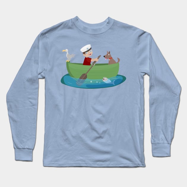 Cute boy sailor and dog rowing boat cartoon Long Sleeve T-Shirt by FrogFactory